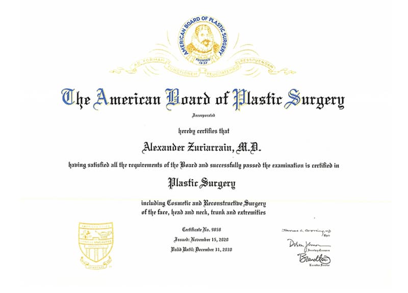 The American Board of Plastic Surgery Dr. Alexander Zuriarrain cert