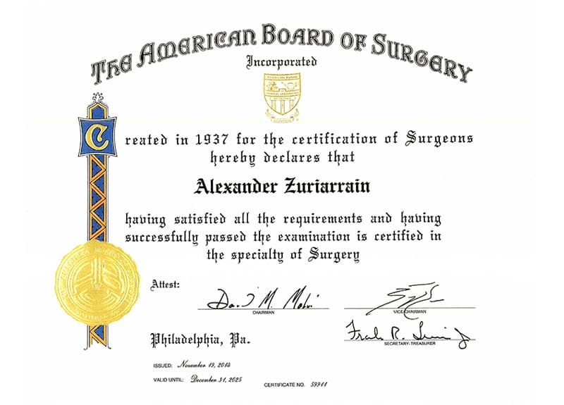The American Board of Surgery Dr. Alexander Zuriarrain cert
