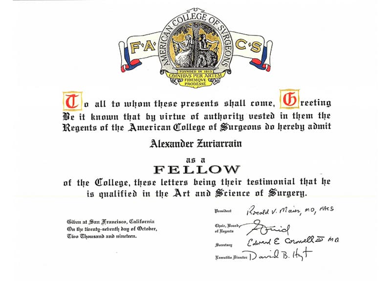 American College of Surgeons Dr. Alexander Zuriarrain cert