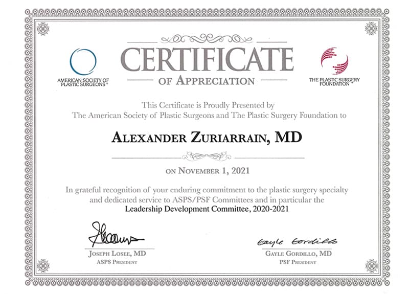 American Society of Plastic Surgeons Dr. Alexander Zuriarrain cert
