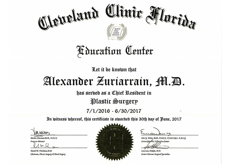Cleveland clinic, Florida Education Center Dr. Alexander Zuriarrain cert