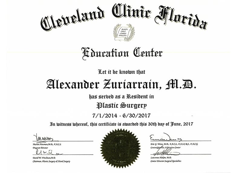Cleveland Clinic Florida Education Center Dr. Alexander Zuriarrain cert