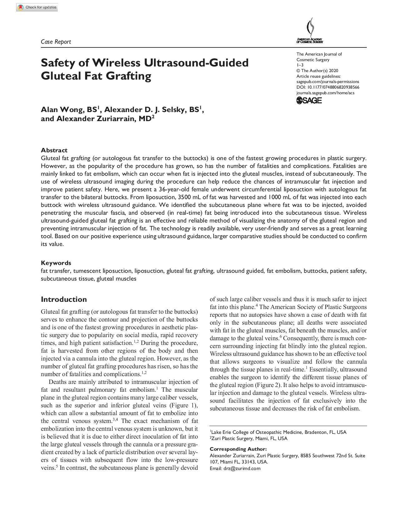 Safety of Wireless Ultrasound-Guided Gluteal Fat Grafting